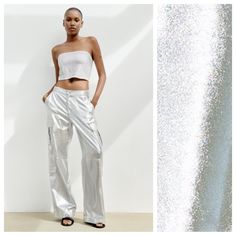 Nwt. Zara Trf Silver Metallic Fabric High-Waisted Cargo Pants With Side Patch Pockets And Back Pockets. Front Zip And Snap Button Closure. Size L. Ref. 6929/409. Waist 17" Flat, Rise 13", Inseam 32,5". I High Waist Cargo Pants For Summer Night Out, High Waist Summer Cargo Pants For Night Out, High Waist Cargo Pants For Night Out In Summer, Fitted Summer Cargo Pants With Elastic Waistband, Fitted Wide Leg Cargo Pants For Party, Fitted Straight Cargo Pants For Night Out, Summer Fitted Cargo Pants For Night Out, Fitted Cargo Pants For Summer Night Out, Summer Cargo Pants For Night Out