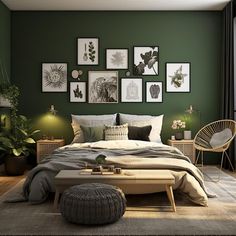 a bedroom with green walls and pictures on the wall