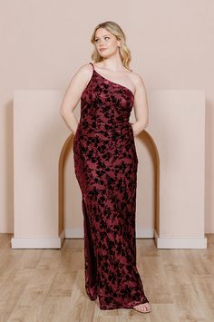 Model: Sydney; Size: 10; Color: Burgundy One-shoulder Velvet Cocktail Dress, Fitted Velvet Dresses With Floral Print, Wedding Parties Colors, Burnout Velvet Dress, Burnout Velvet, Bridesmaid Dress Colors, Colorful Party, White Image, Greek Goddess