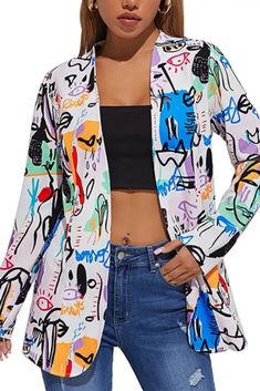 Fashion Graffiti Irregular Printing Blazer Women Jacket High Street 2021 Autumn Casual Elegant Office Lady Coat American Stylish Graffiti Outfit, Graffiti Clothes, Painted Blazer, Bold Fashion Outfits, Graffiti Clothing, Graffiti Fashion, Lady Coat, Blazer Outfits For Women