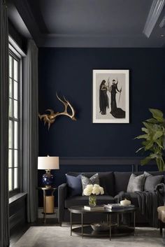 - Living room wall paint
- Sherwin Williams Dark Night
- Wall paint color ideas
- Interior design inspiration Media Room Dark Walls, Monochrome Painted Room, Dark Night Sw Paint, Dark Painted Living Room Walls, Sw Dark Blue Paint Colors, Sherwin Williams Dark Night Bedroom, Darkest Blue Paint Color, Blue Color Drenched Room, Media Alcove