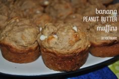 banana peanut butter muffins on a white plate