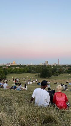 many people are sitting in the grass and watching something