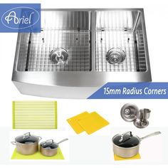 stainless steel double bowl kitchen sink with strainers and cleaning sponges next to it