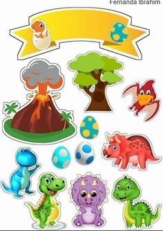 an image of stickers with dinosaurs and volcanos