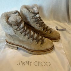 Jimmy Choo Eshe 65 Suede And Shearling Bootie. Worn Once For Pictures Only. Size 38. Original “Jimmy Choo” Bag Included