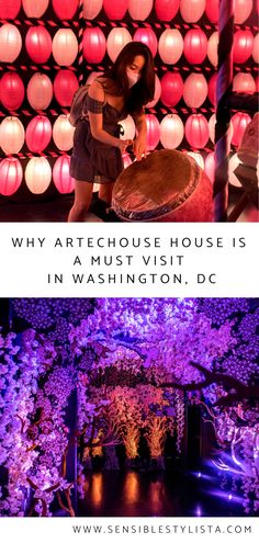 a woman standing in front of a wall with balloons on it and the words why arthouse house is a must visit in washington, d c