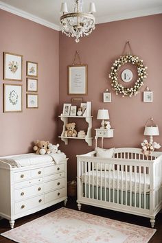 a baby's room with a crib, dressers and a chandelier