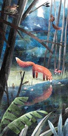 an illustration of a fox in the woods