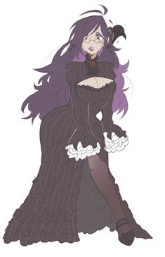 a drawing of a woman with long hair and purple hair, wearing a black dress