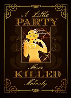 a poster for a party with a woman in a yellow dress and pearls on her head