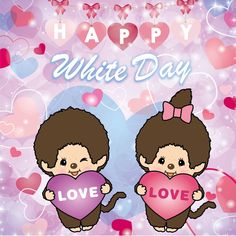 two monkeys holding hearts with the words happy white day