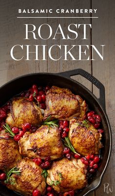 roast chicken with cranberries and herbs in a skillet