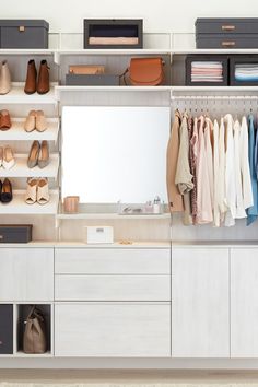 the closet is organized with shoes, bags and other items