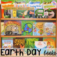 the earth day bookshelf is full of children's books