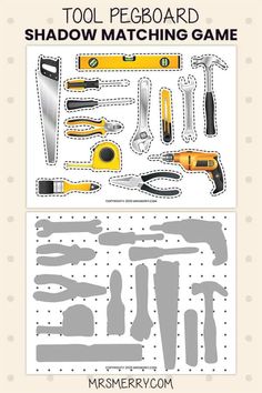 the tools pegboard shadow matching game is shown with scissors, hammers and other items