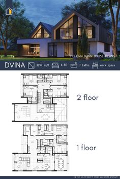 two floor plans for a modern house with large windows and lots of space to move around