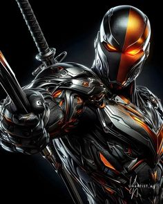 a man in armor holding two swords and wearing an orange helmet with glowing eyes on his face