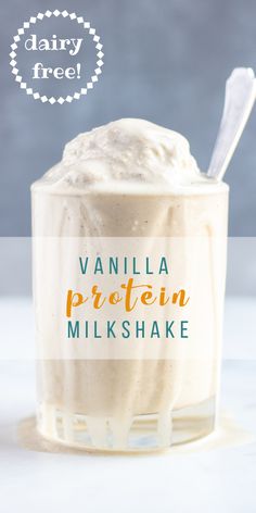 vanilla protein milkshake in a glass with the text, vanilla protein milkshake