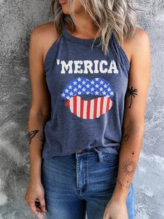 American Flag Lip Print Slim Fit Vest Aosig American Flag Tank Top, Day Collar, Lip Print, Breathable Clothes, Patriotic Tees, Affordable Fashion Women, Lips Print, Women Halter, Ribbed Tank Tops