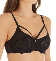 Ridiculously sexy and seductive, this bra features strappy cage elastic and beautiful see-through lace. Made from polyamide and elastane. Multi-part, lace underwire cups are unlined (unpadded) with a backing of stretch mesh for a semi-sheer look. Lower cup of sheer lace has a vertical seam for shape. Stretch mesh in the upper cup frames the neckline and has elastic along the edges for a secure fit. Center - narrow, arched panel is detailed with a goldtone charm at top. Sewn-on elastic underband Elegant Push-up Bra With Straps, Elegant Black Bra With Delicate Straps, Elegant Strappy Bra With Removable Pads, Lace Push-up Bra With Straps, Elegant Strappy Fitted Bra, Elegant Black Nylon Bra, Elegant Fitted Strappy Bra, Lace Made, Lace Underwire