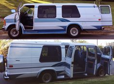 two pictures side by side of a white van with the door open