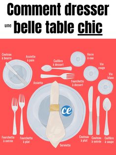 a table setting with different types of utensils and spoons on it, labeled in french