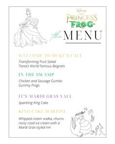 the princess and the frog menu