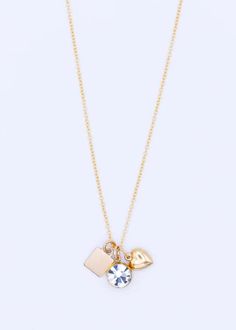 20" gold filled necklace with three charms: heart square 10mm round zircon. with 2.5" extender. Heart Square, Easy Tiger, Gold Filled Necklace, Four Horsemen, Black Crane, Norse Projects, Blue Flats, Local Design, Pocket Bag