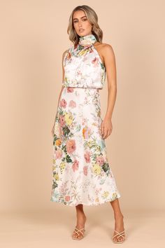 Anabelle Halter Neck Midi Dress - White Floral Floral Spring Dresses, Modern Mother Of The Bride, Halloween Crop Top, Printed Satin Dress, Halloween Skirt, Halter Neck Maxi Dress, Floral Halter Dress, Party Kleidung, Costume Intero