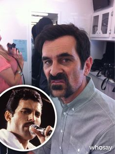 a man with a moustache on his face next to a photo of a woman brushing her teeth