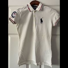 Nwt Polo Ralph Lauren Team Usa Stretch Polo Shirt, Pure White, Size S White Fitted Preppy Shirt, Fitted Preppy White Shirt, White Collared Preppy Shirt, White Preppy Collared Shirt, Ralph Lauren Tshirt, Polo Ralph Lauren Women, Big Shirt, White Crew Neck, Grey Crewneck