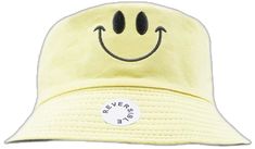 Casual Smiley Face Hat With Curved Brim, Casual Yellow Reversible Hat, Casual Yellow Reversible Sun Hat, Casual Reversible Yellow Bucket Hat, Adjustable Cotton Hat With Smiley Face, Trendy Smiley Face Cap, Trendy Smiley Face Hat With Curved Brim, Trendy Curved Brim Hat With Smiley Face, Summer Smiley Face Cap