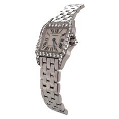 Watch Diamond, Bezel Watch, White Bracelet, Cartier Santos, White Bracelets, Bezel Diamond, Diamond Watch, Roman Numerals, Arm Candy