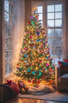 a brightly lit christmas tree in front of a window