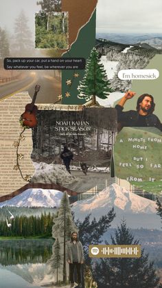 the collage has many different pictures and words on it, including mountains, trees, and people