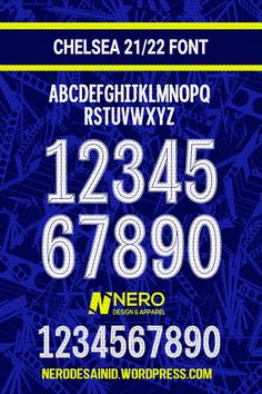 a blue and white poster with numbers on it, including the letters in different languages