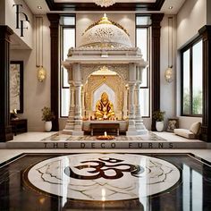 an ornate white and gold room with a buddha statue in the center, surrounded by large windows