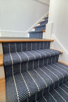 Navy Blue Stair and Hallway Runner, showcasing its elegant design and perfect fit Navy Carpet Runner On Stairs, Navy Stair Railing, Blue Herringbone Stair Runner, Blue Carpet Stair Runner, Nautical Stair Runner, Blue And White Stair Runner, Stair Runner Blue, Blue Carpet Stairs, Durable Stair Runner