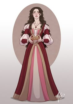 a drawing of a woman dressed in medieval clothing and holding a bowl with food on it