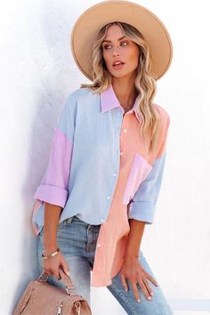 Cheery colorblocked hues of light blue. orange. and lilac converge to create the Cindy Cotton Colorblock Button Down Top with a luxuriously lightweight feel. Block Button, Shirt Collar Styles, Pocket Blouse, Mini Robes, Cardigan Shirt, Roll Up Sleeves, Collar Designs, Collar Blouse, Work Blouse