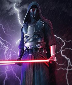 darth vader standing in the rain with lightning behind him