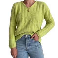 Vintage 80s Womens Gantos Angora Blend Lime Neon Green Ribbed V Neck Sweater  Labeled a size S (oversized fit)  Color: lime green  Material: angora & lambswool (very thick & soft)  Ribbed  V neck  Soft & cozy  Excellent vintage condition  Collar to hem: 25"  Pit to pit: 22"  Sleeve: 21"  Modeled on a medium/size 6/ 5 foot 7/ 140lbs/ 34 C/ 28" inch waist Retro Green V-neck Sweater, Retro Ribbed Sweater For Spring, Vintage Green Oversized Sweater, Vintage Relaxed Fit Sweater For Spring, Lime Green Sweater Outfit, Green Sweater Outfit, Lime Green Sweater, Green Material, Pullover Sweater Women