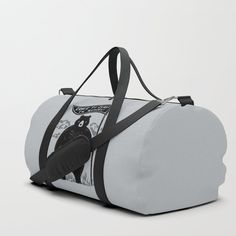 a duffel bag with an image of a woman on the front and back side