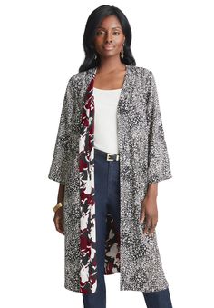 Two jackets for the price of one! Features a relaxed silhouette to layer over your favorite tops with a self-tie belt. Relaxed silhouette Straight hem Full sleeevesReversibleSelf-tie belt at waist Side slits (10" length) 40" length Polyester Machine washable Imported  | Plus Size Women's Reversible Kimono Jacket by Jessica London in Burgundy Floral Cheetah (Size M/L) Wedge Dress Shoes, Winter Outwear, Duster Jacket, Womens Scrubs, Burgundy Floral, Ladies Of London, Petite Tops, Swimsuits For All, Kimono Jacket