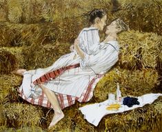 a painting of two people sitting in a field with food and drinks on the ground