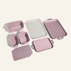 pink and grey checkered trays with matching dishes