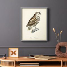 an owl sitting on top of a wooden table next to a vase and framed photograph