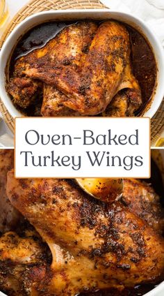 oven baked turkey wings in a white bowl with text overlay that reads oven baked turkey wings