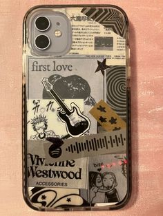 a cell phone case with an image of a guitar and other things on the back